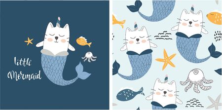 set of cute cat mermaid print and seamless pattern with cat mermaids. vectorのイラスト素材