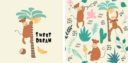 set of monkey print and seamless pattern with monkeys.vectorのイラスト素材