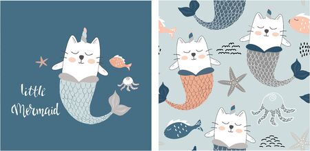 set of cute cat mermaid print and seamless pattern with cat mermaids. vectorのイラスト素材