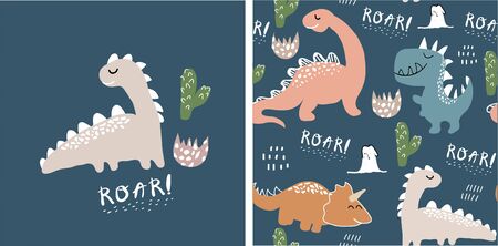 set of cute dinosaur print and seamless pattern with dinosaurs. vectorのイラスト素材