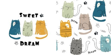 set of cute cat print and seamless pattern with cats. vector illustrationのイラスト素材