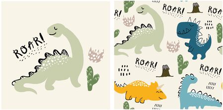 set of cute dinosaur print and seamless pattern with dinosaurs. vectorのイラスト素材
