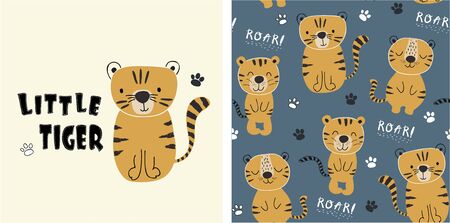 set of tiger print and seamless pattern with cute tigers.vectorのイラスト素材