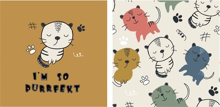 set of cute cat print and seamless pattern with cats. vectorのイラスト素材