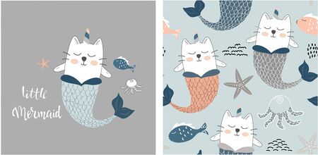 set of cute cat mermaid print and seamless pattern with cat mermaids. vector illustrationのイラスト素材