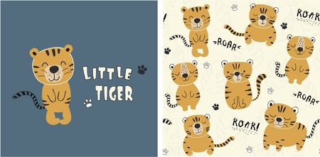 set of tiger print and seamless pattern with cute tigers.vectorのイラスト素材
