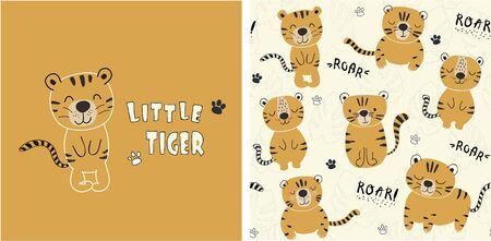 set of tiger print and seamless pattern with cute tigers.vectorのイラスト素材
