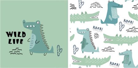 set of cute crocodile print and seamless pattern with crocodiles.vector illustrationのイラスト素材