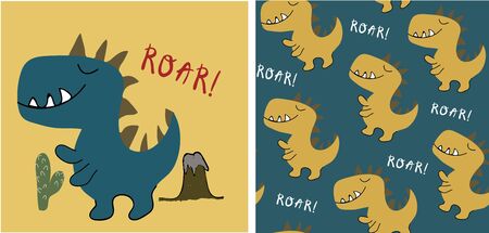 set of cute dinosaur print and seamless pattern with dinosaurs. vectorのイラスト素材