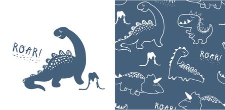 set of cute dinosaur print and seamless pattern with dinosaurs. vectorのイラスト素材
