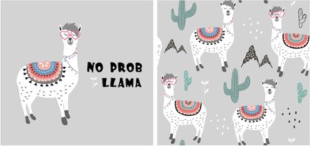 set of cute llama print and seamless pattern with llamas. vector illustrationのイラスト素材