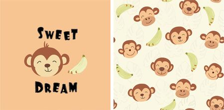 set of monkey print and seamless pattern with monkeys.vector illustrationのイラスト素材