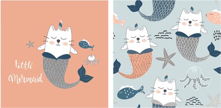 set of cute cat mermaid print and seamless pattern with cat mermaids. vector illustrationのイラスト素材