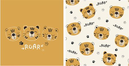 set of tiger print and seamless pattern with cute tigers.vectorのイラスト素材