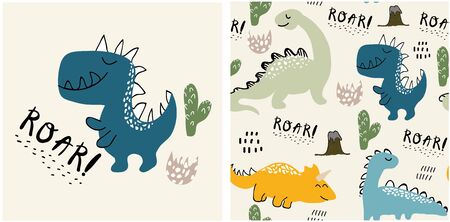 set of cute dinosaur print and seamless pattern with dinosaurs. vectorのイラスト素材