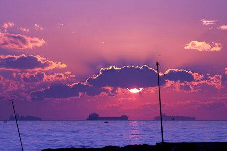 Sunset over sea landscape. Sunrise in the sea.