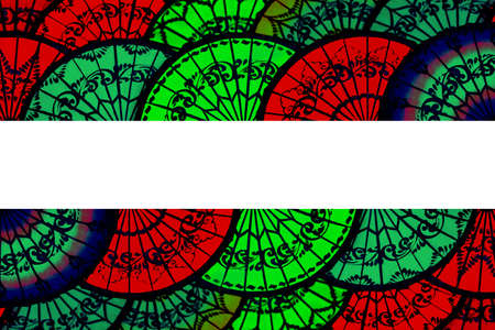 Colourful sun umbrellas. Abstract Scene of Famous Colorful umbrella is stacked at Ananda temple located in Bagan , Mandalay, Burma Myanmarの写真素材