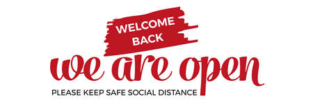 Open sign on the front door - welcome back We are working again. Keep social distance. Vectorのイラスト素材