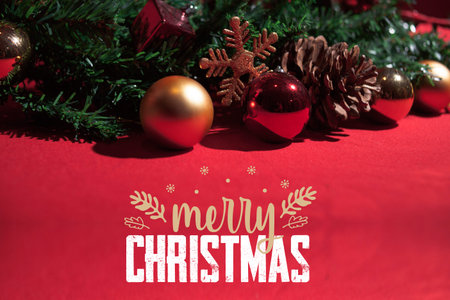 Gold Christmas and New Year Typographical on red Xmas background with winter landscape with...