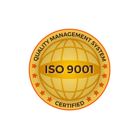 ISO 9001 certified golden label, vector illustration. Iso 9001 standard certified icon vector on white background. EPS 10のイラスト素材