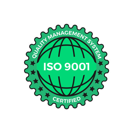 ISO 9001 certified green label, vector illustration. Iso 9001 standard certified icon vector on white background. EPS 10のイラスト素材
