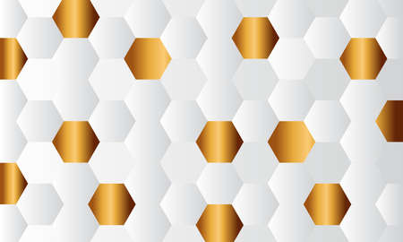 Gold and white honey hexagonal cells texture. Mosaic or speaker fabric shape pattern. Technology concept. Honeyed comb grid texture and geometric hive hexagonal honeycombs. Vectorのイラスト素材