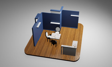 3d render Illustrated unique creative exhibition stand display design with table and chair, info...