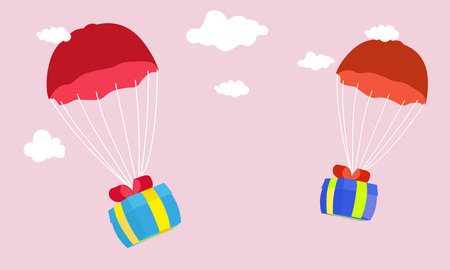 Delivery concept with parachute flat design. Gift Box flying on parachutes, paper art style, vector...
