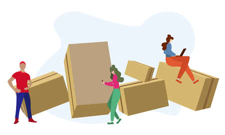 People in safety clothes work at warehouse vector flat illustration. Man and woman inside storage of logistics delivery service.のイラスト素材
