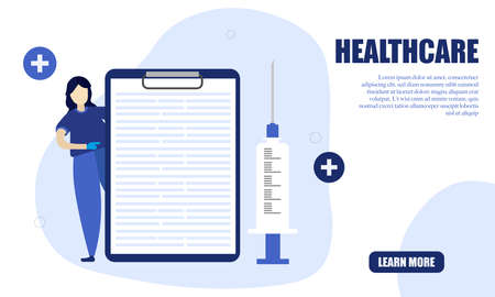 Medical character checking patients data. Doctor presenting health insurance and pharmacy services. medicine concept. Flat cartoon vector illustration.のイラスト素材