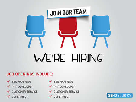 we are hiring. we are hiring announcement web page with vacancy sign on empty office chair.のイラスト素材