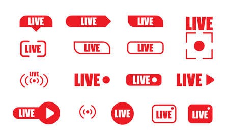 Large set of red buttons for streaming, live broadcast, blog, stream. Modern technologies for the design of video content, news feeds. Flat icons. vector illustrationのイラスト素材