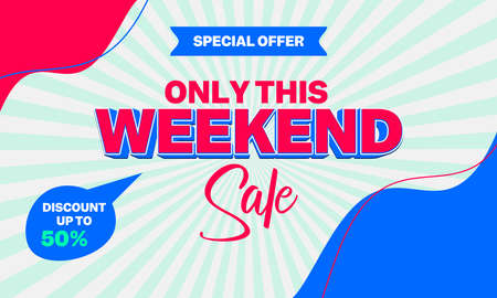Weekend Sale Banner for Digital Social Media Marketing Advertising. New Offer and Shopping Discount. Social Media Trendy Template for Ad Poster, Promo Flyer in Funky Memphis Style.のイラスト素材