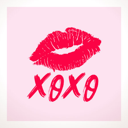OXO (hugs and kisses) brush lettering and lipstick kiss on a white background. vector illustrationのイラスト素材