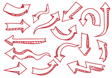 Set of hand drawn doodle arrows isolated on white background.のイラスト素材