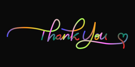 Thank you text design with colorful line. Thank you poster with spectrum brush strokes on black background.のイラスト素材