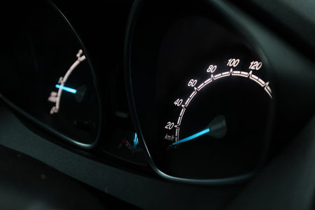 Close up shot of a speedometer in a car. At an engine speed of 1800 rpm on Car dashboard.の写真素材