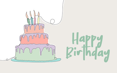 Elegant Line Art Birthday Cake with Candles and Happy Birthday Greeting
