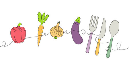 Minimalist Continuous Line Drawing of Vegetables and Cutleryのイラスト素材