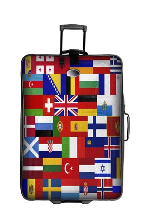 dark suitcase with european flags isolated over white backgroundの写真素材