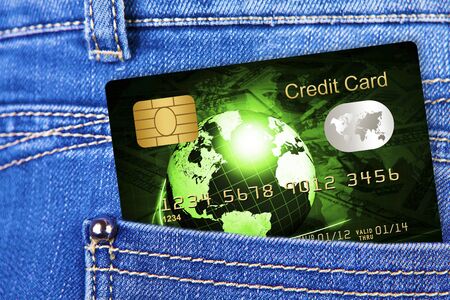 closeup of credit card in jeans trousers pocketの写真素材