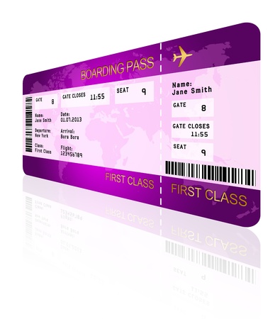 airline boarding pass ticket with shadow isolated over white backgroundの写真素材