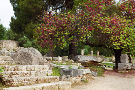 ancient ruins  in archaeological museum in Olympia. Greece. focus on detail of column.のeditorial素材