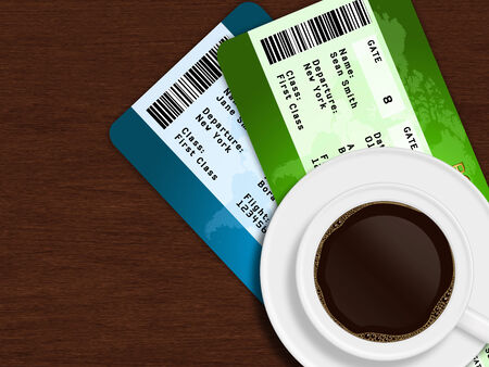 closeup of cup of coffee with airplane tickets lying on wooden tableの写真素材