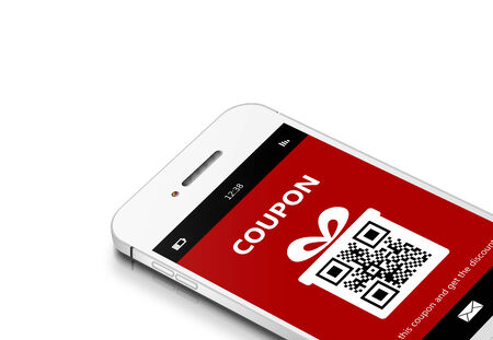 mobile phone with discount coupon isolated over white backgroundの写真素材