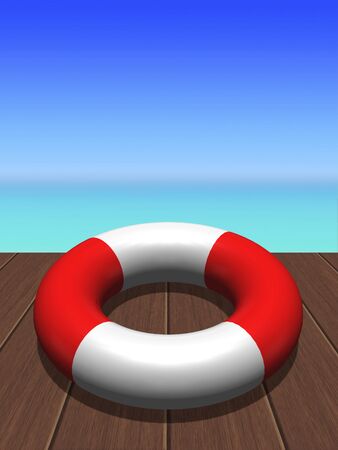 lifebuoy lying od wooden bridge with sea as a background and place for textの写真素材