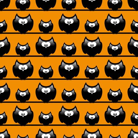 seamless halloween pattern with funny cartoon owls over orange backgroundの写真素材