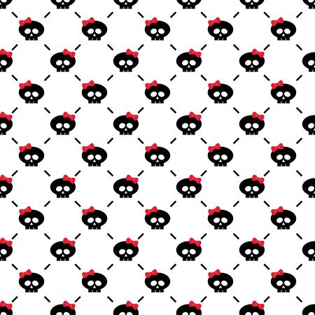 seamless pattern with black skulls with red bows over white backgroundの写真素材