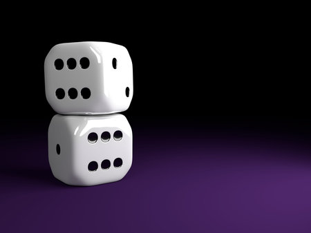 two shiny dice lying over violet table with place for text