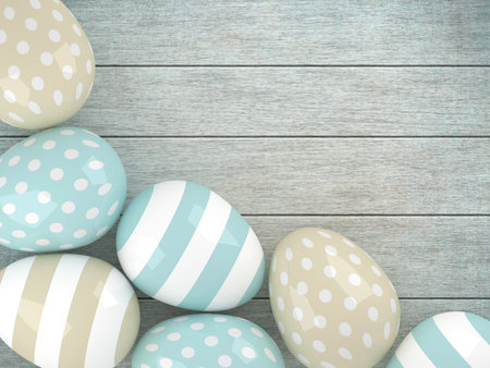 3d Easter glossy eggs  lying on rustic table with place for text